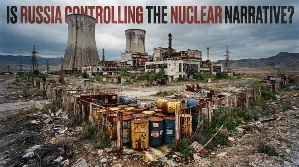 Abandoned nuclear plant with cooling towers and rusting radioactive waste barrels, under the headline "Is Russia controlling the nuclear narrative?"