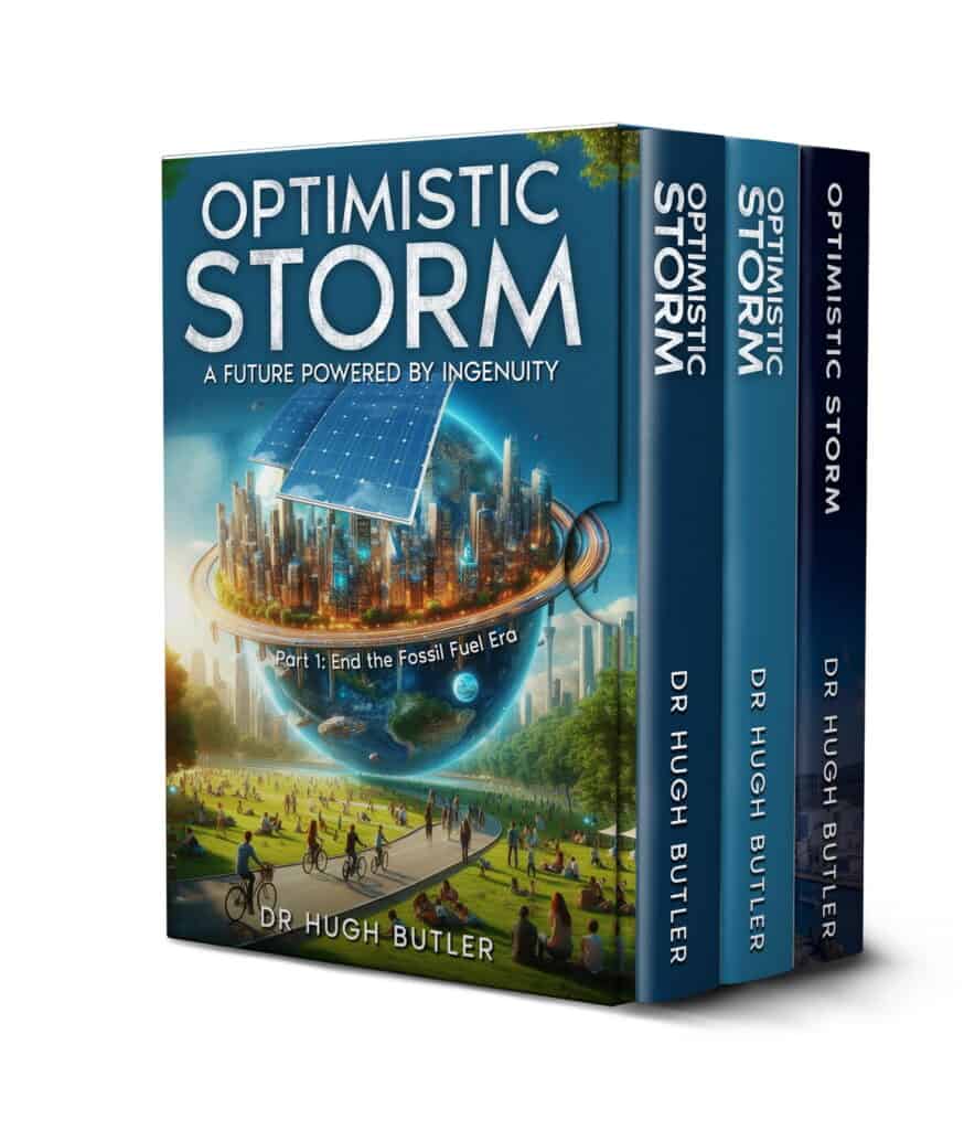 Box set of the three Optimistic Storm books by Dr Hugh Butler, with the Part 1 cover on the front and the three spines at the right